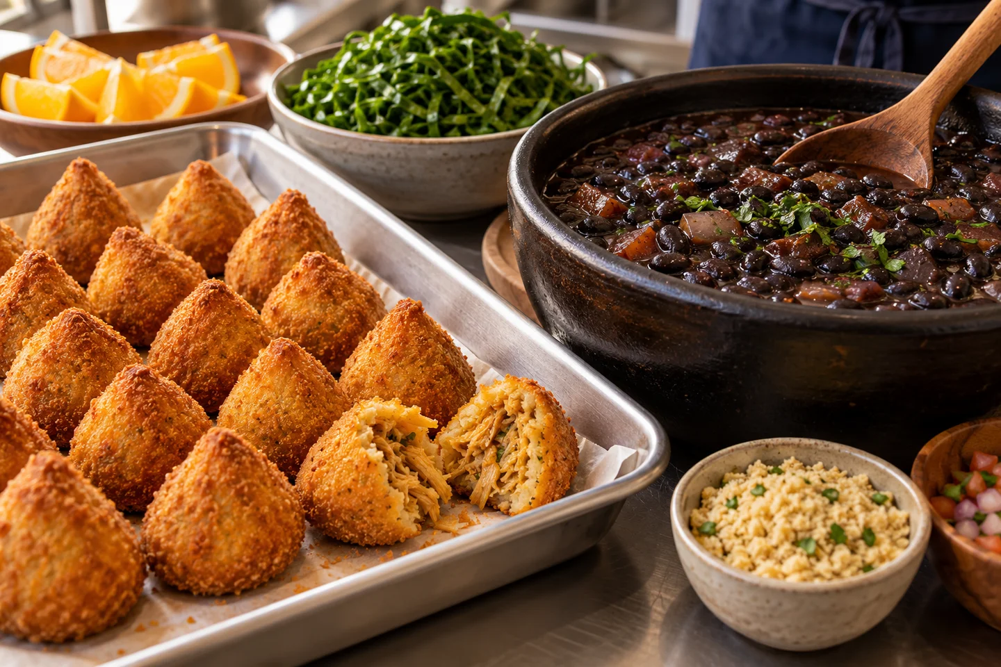 Illustratieve bereidingstafel met plantaardige feijoada, croquettes en verse greens